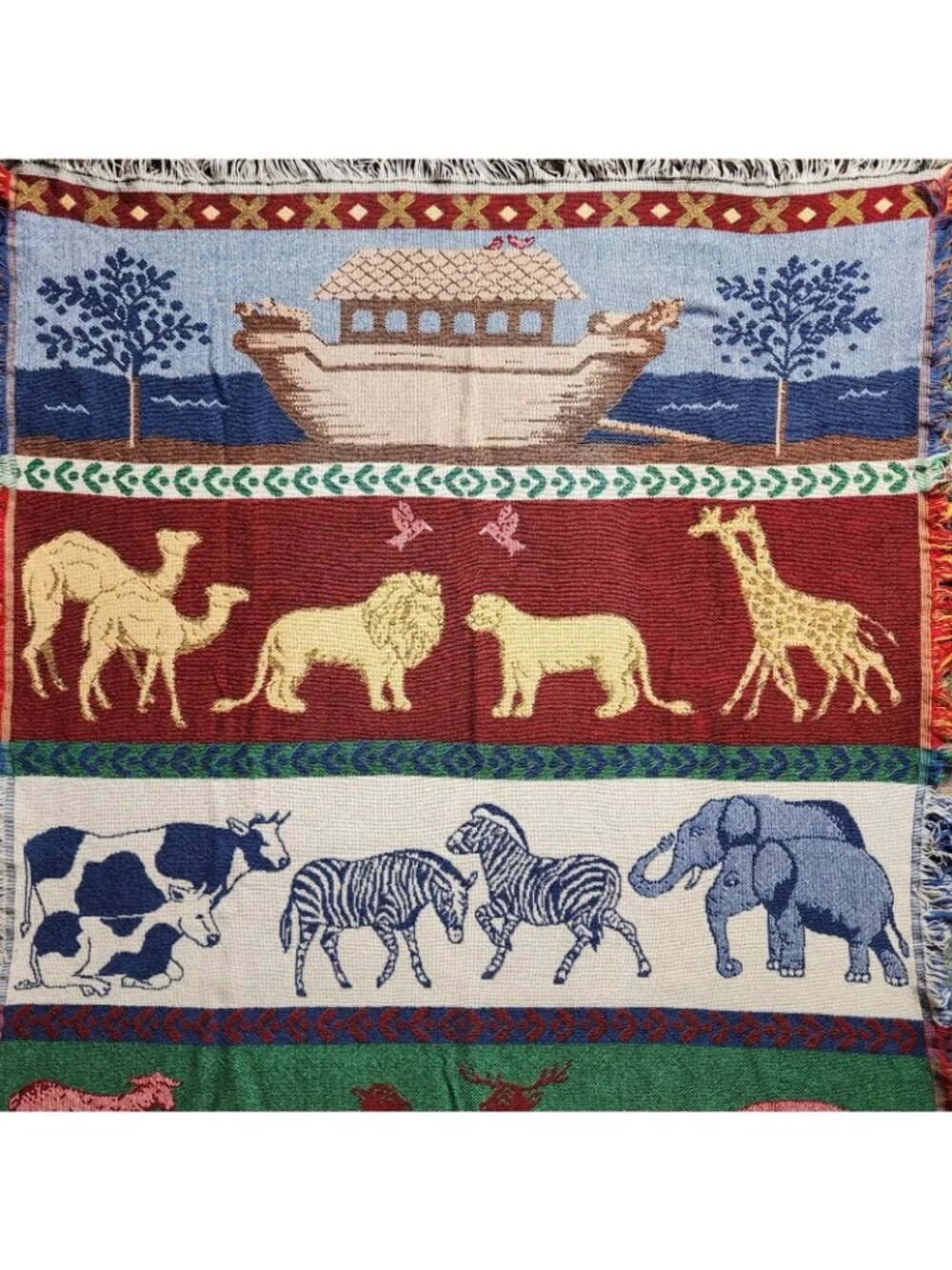 Vtg Crown Crafts Woven Throw Blanket Noah’s Ark Animals Christian Bible 55”x 45”